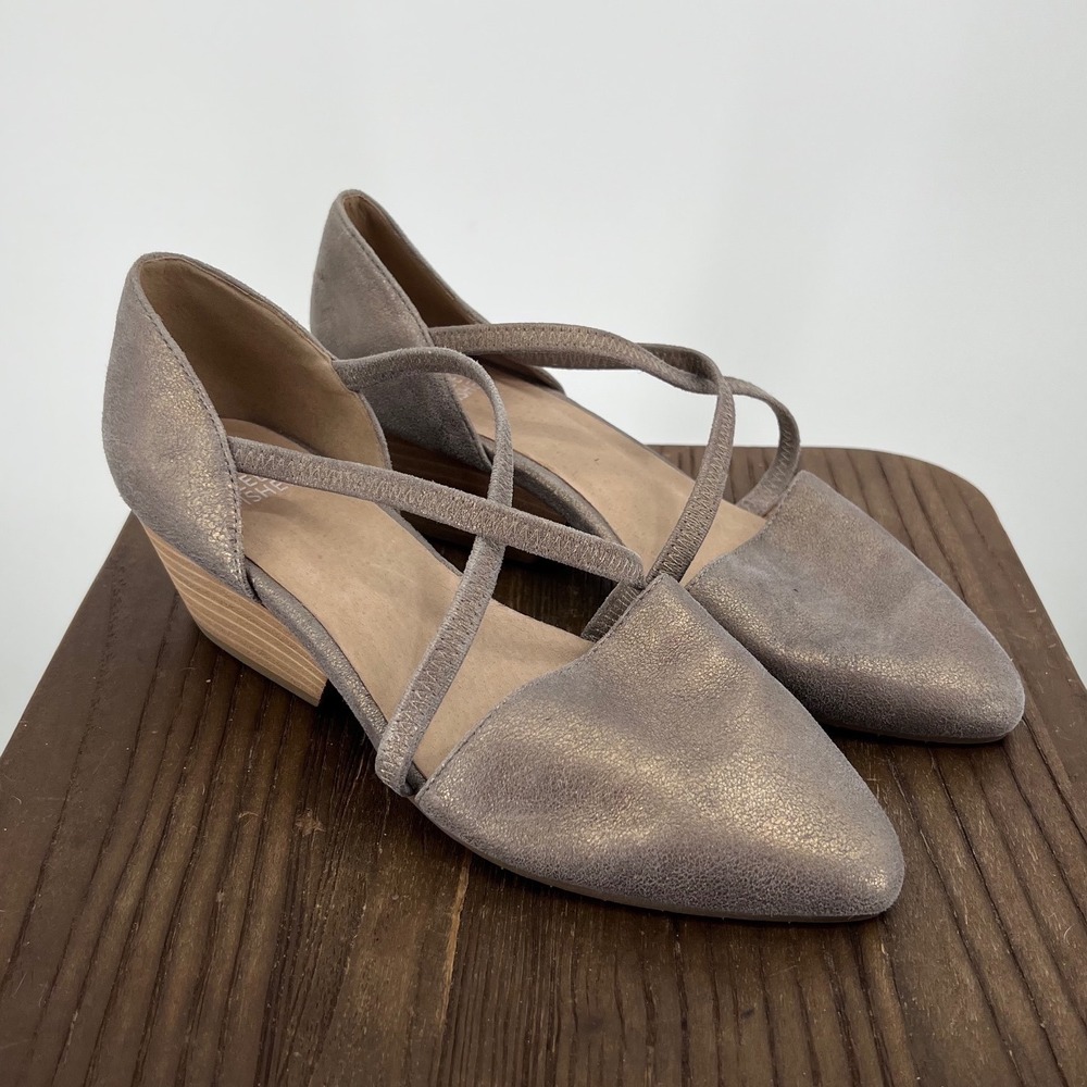 Eileen Fisher Metallic Taupe Suede Crisscross Wedge Pumps Size 7.5 Pointed Toe